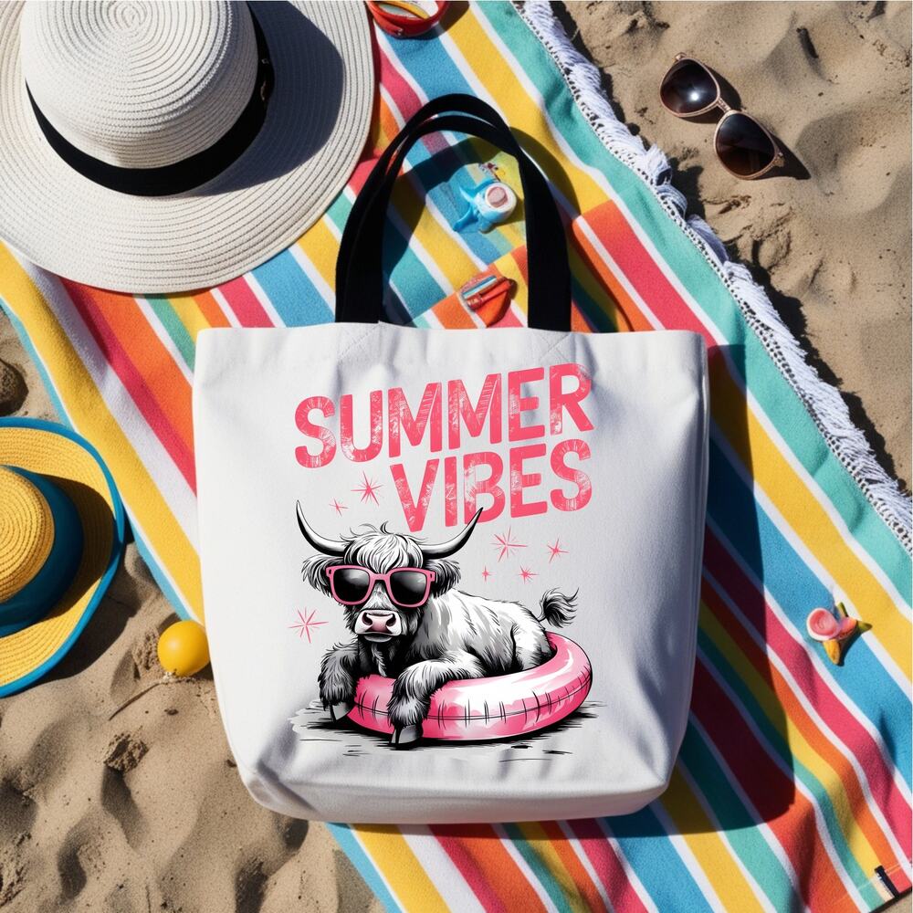 Summer Vibes Highland Cow Tubing Beach Tote Bag